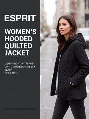 ESPRIT Jacket Womens Size LARGE Black Full Zip Hooded Quilted Casual Classic